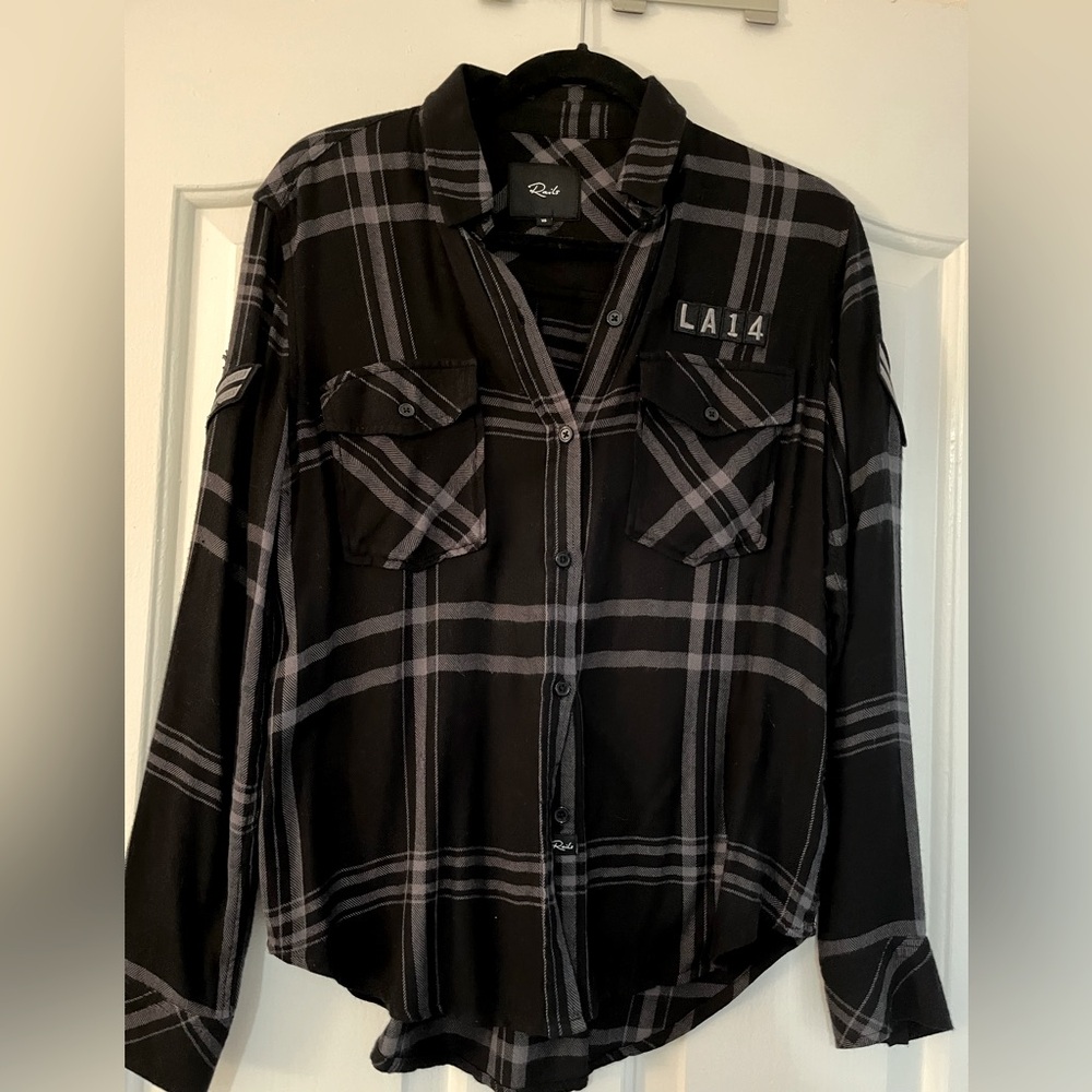 Rails Black Plaid Button Up Peppy Onyx LA14  Logo Military Shirt